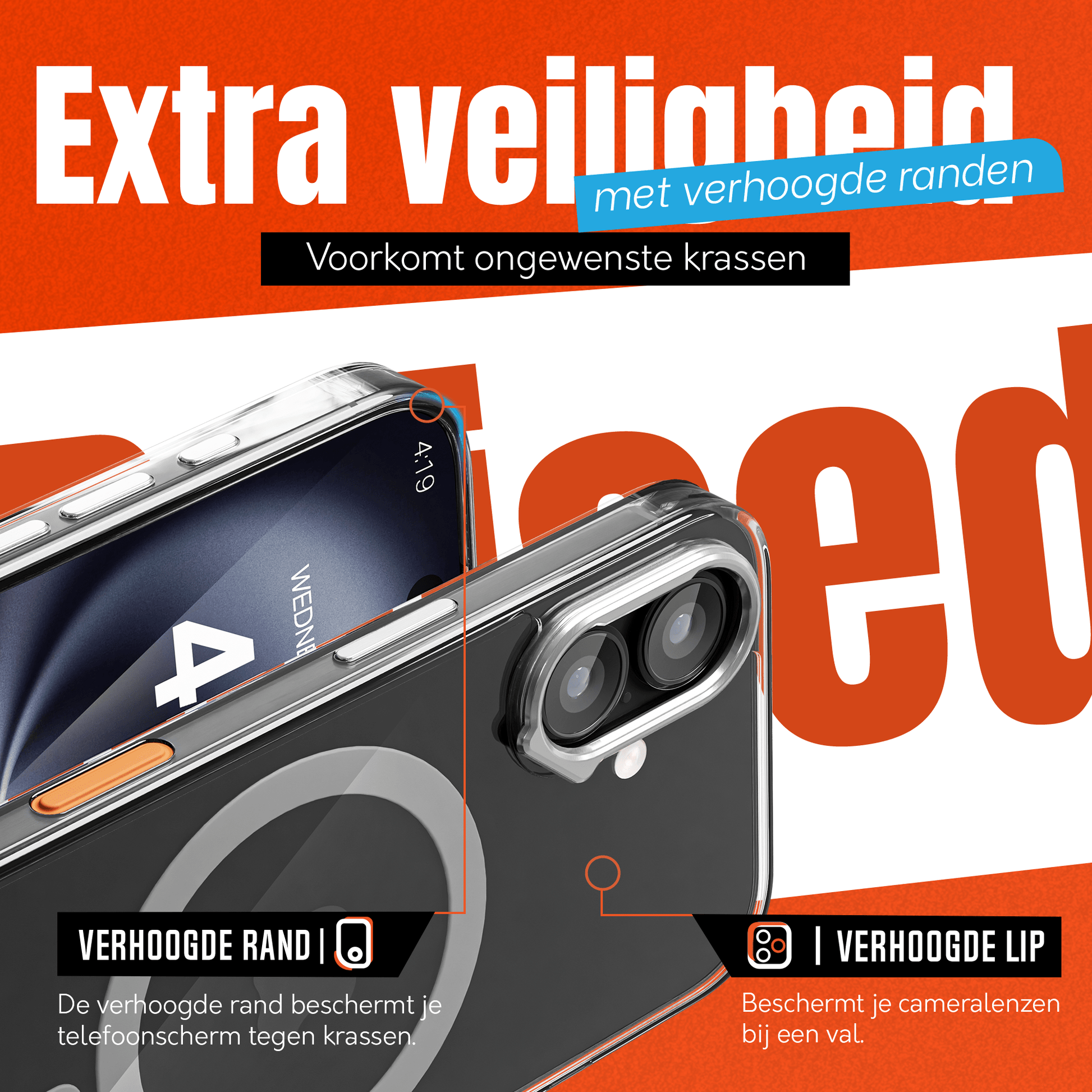 iPhone 16 Hoesje – Transparant MagSafe Case met Metalen Stand & Oranje Button - mijnhoesjesiPhone 16 Hoesje – Transparant MagSafe Case met Metalen Stand & Oranje Button