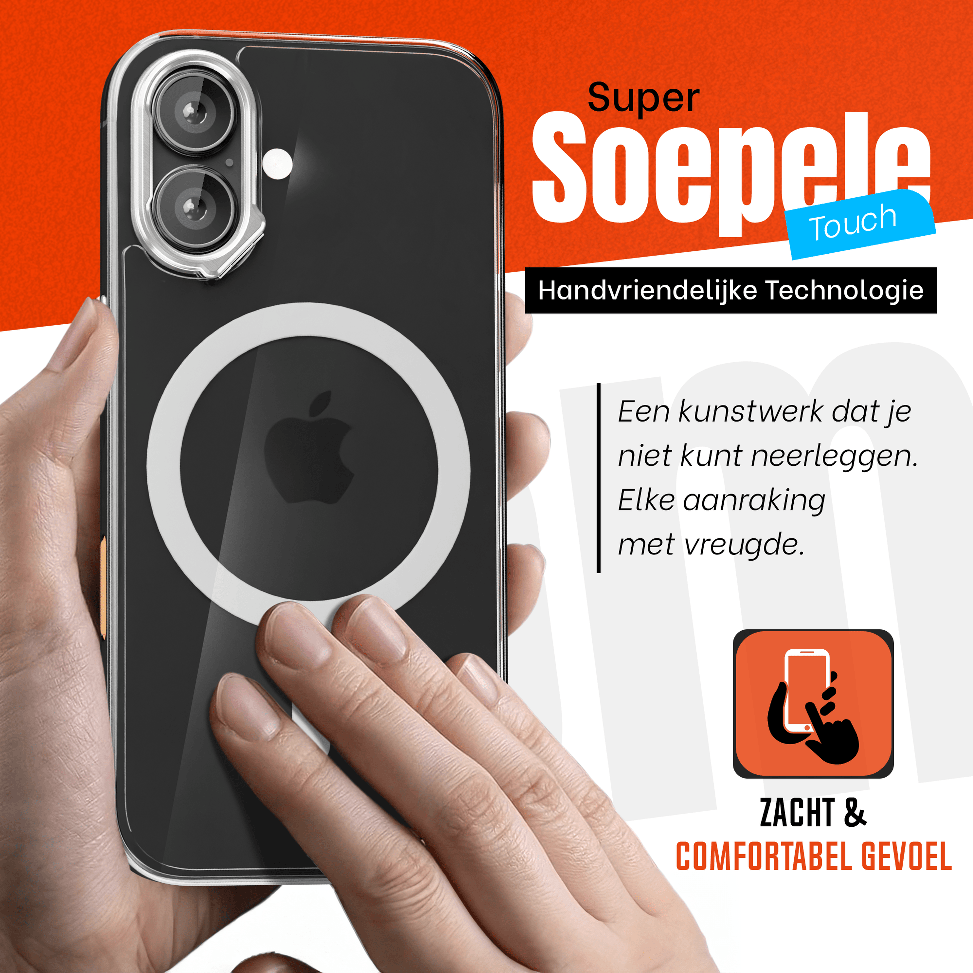 iPhone 16 Hoesje – Transparant MagSafe Case met Metalen Stand & Oranje Button - mijnhoesjesiPhone 16 Hoesje – Transparant MagSafe Case met Metalen Stand & Oranje Button