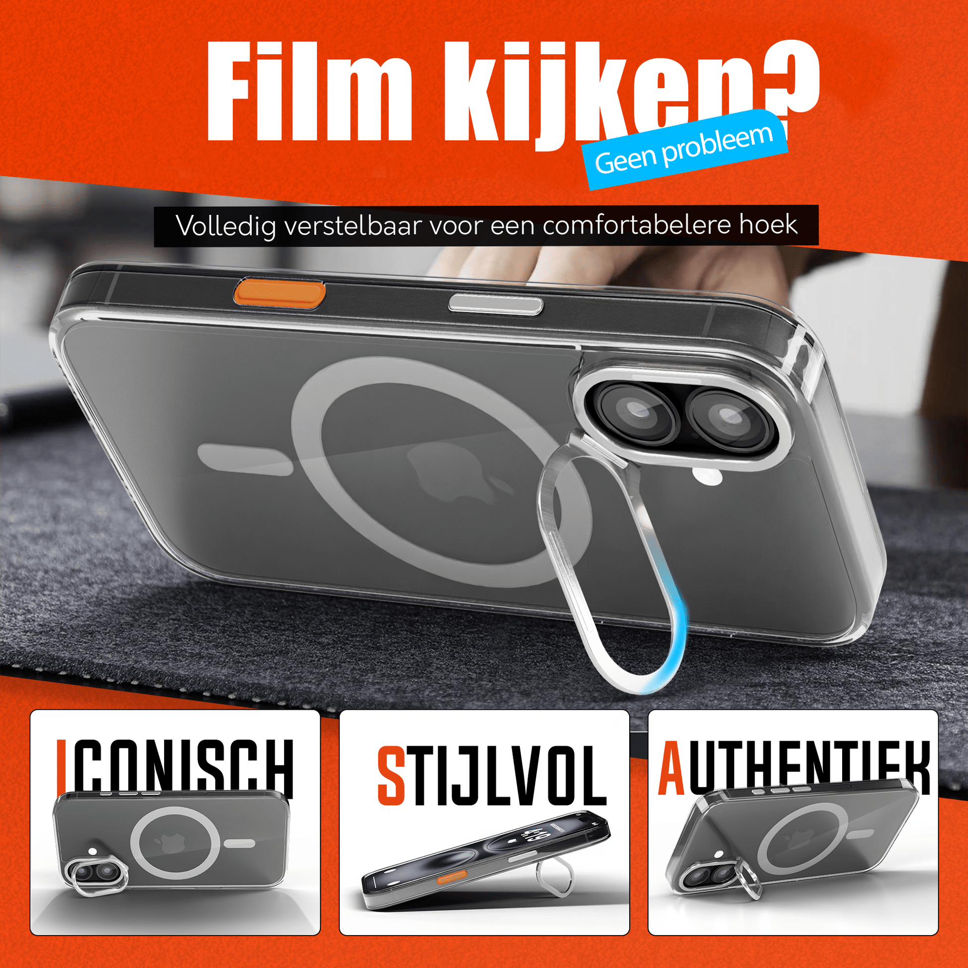 iPhone 16 Hoesje – Transparant MagSafe Case met Metalen Stand & Oranje Button - mijnhoesjesiPhone 16 Hoesje – Transparant MagSafe Case met Metalen Stand & Oranje Button