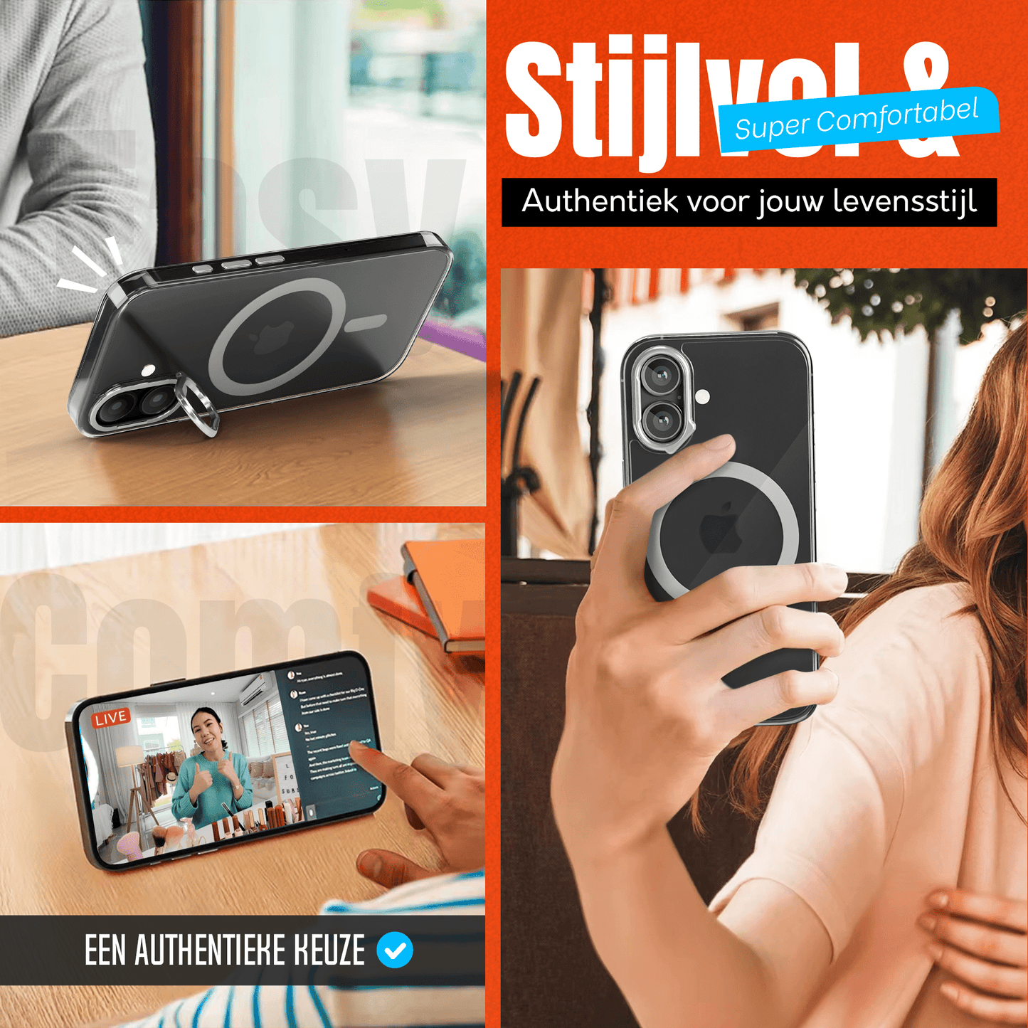 iPhone 16 Hoesje – Transparant MagSafe Case met Metalen Stand & Oranje Button - mijnhoesjesiPhone 16 Hoesje – Transparant MagSafe Case met Metalen Stand & Oranje Button