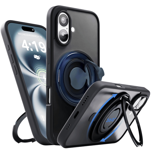 iPhone 16 Plus Hoesje – Shockproof MagSafe Case met 360° Ring Stand Zwart - mijnhoesjesiPhone 16 Plus Hoesje – Shockproof MagSafe Case met 360° Ring Stand Zwart