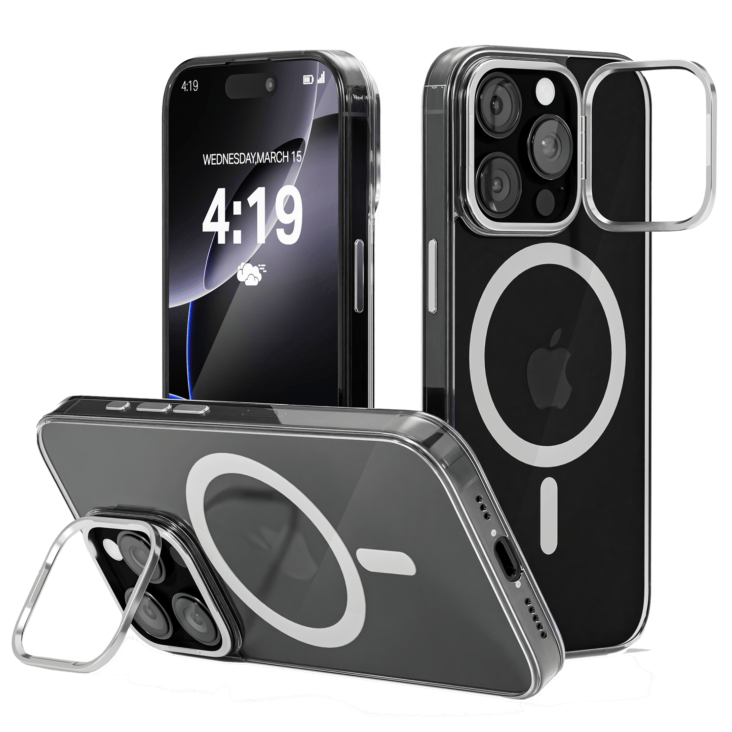 iPhone 16 Pro Hoesje – Transparant MagSafe Case met Metalen Stand & Oranje Button - mijnhoesjesiPhone 16 Pro Hoesje – Transparant MagSafe Case met Metalen Stand & Oranje Button