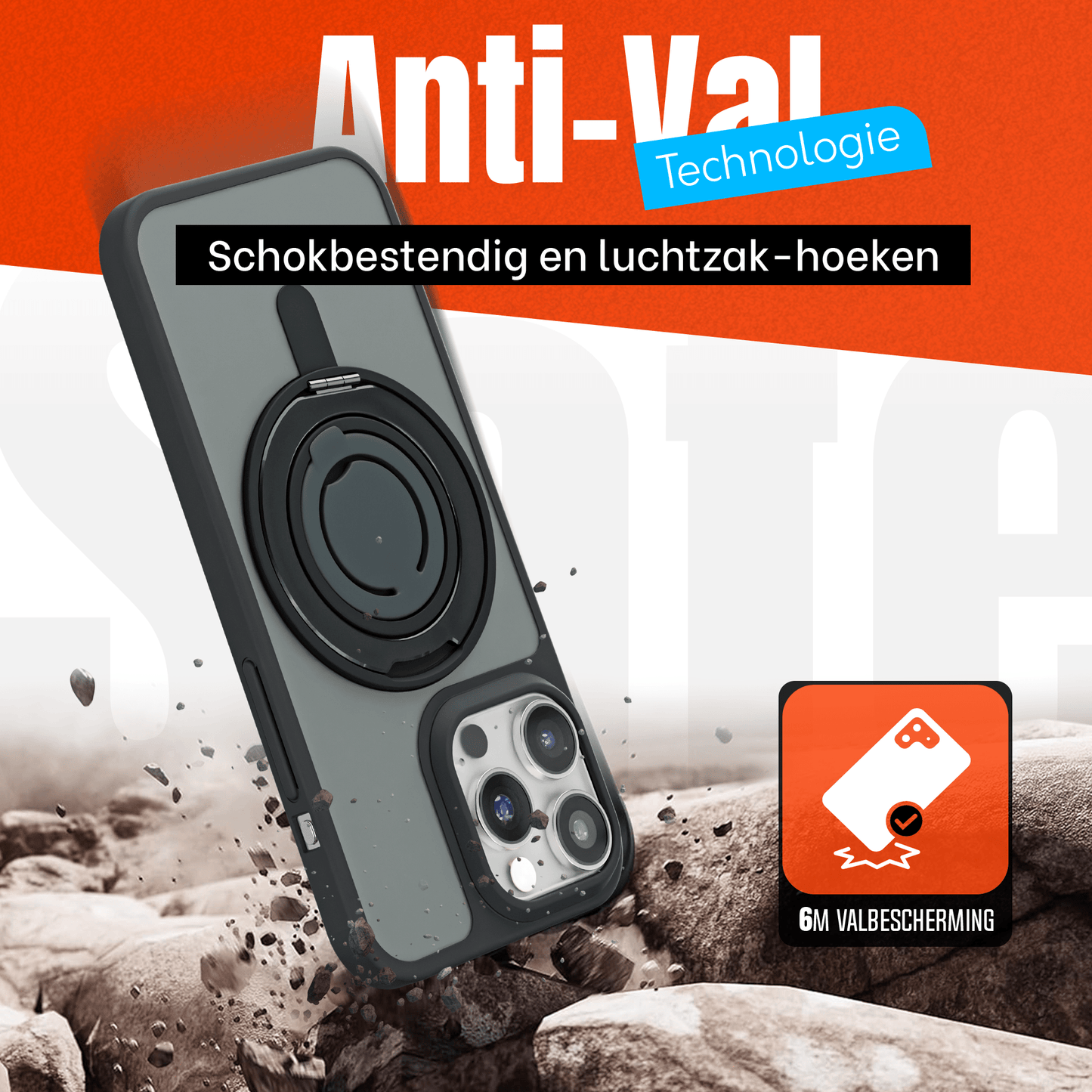 iPhone 16 Pro Max Hoesje – Shockproof MagSafe Case met 360° Ring Stand Zwart - mijnhoesjesiPhone 16 Pro Max Hoesje – Shockproof MagSafe Case met 360° Ring Stand Zwart