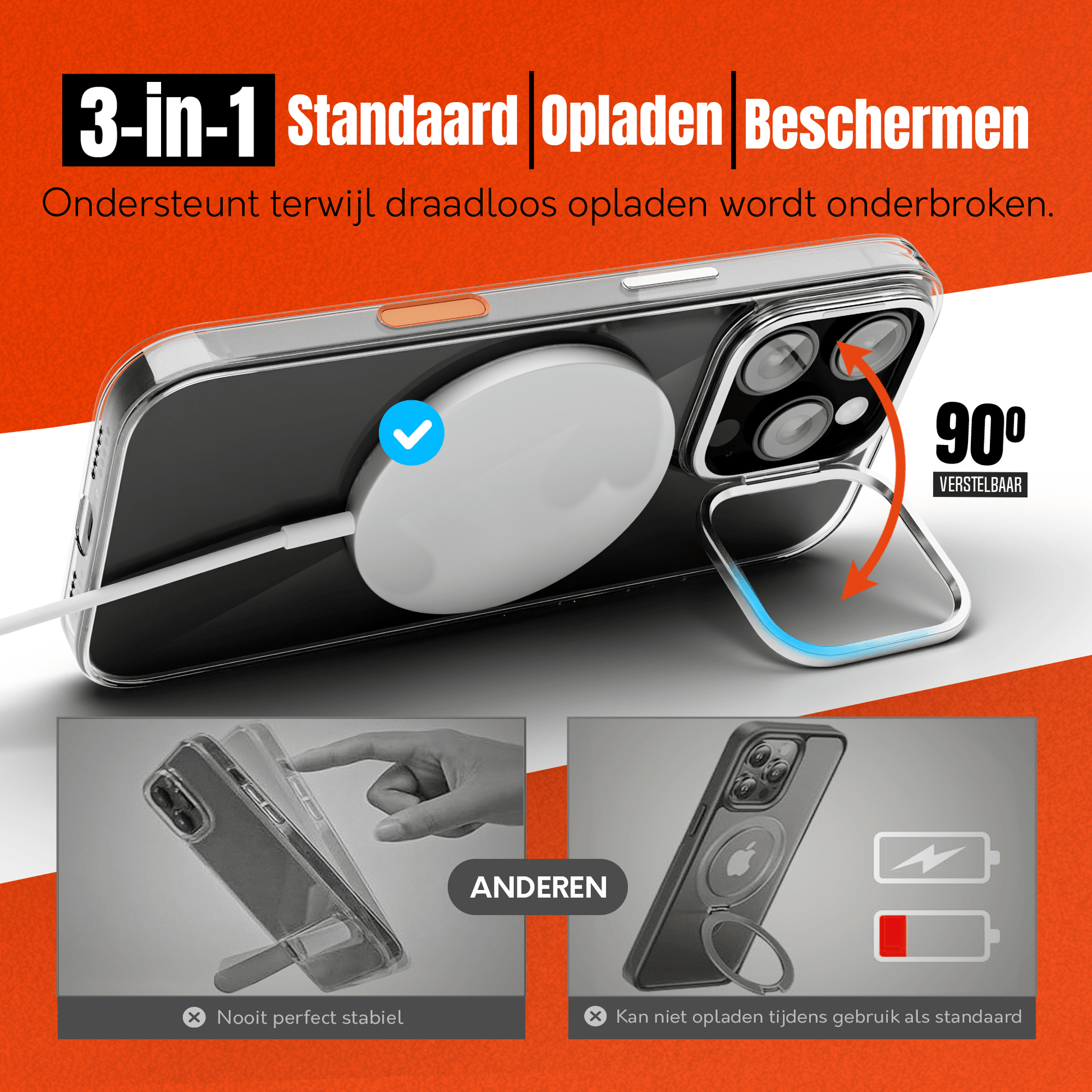 iPhone 16 Pro Max Hoesje – Transparant MagSafe Case met Metalen Stand & Oranje Button - mijnhoesjesiPhone 16 Pro Max Hoesje – Transparant MagSafe Case met Metalen Stand & Oranje Button