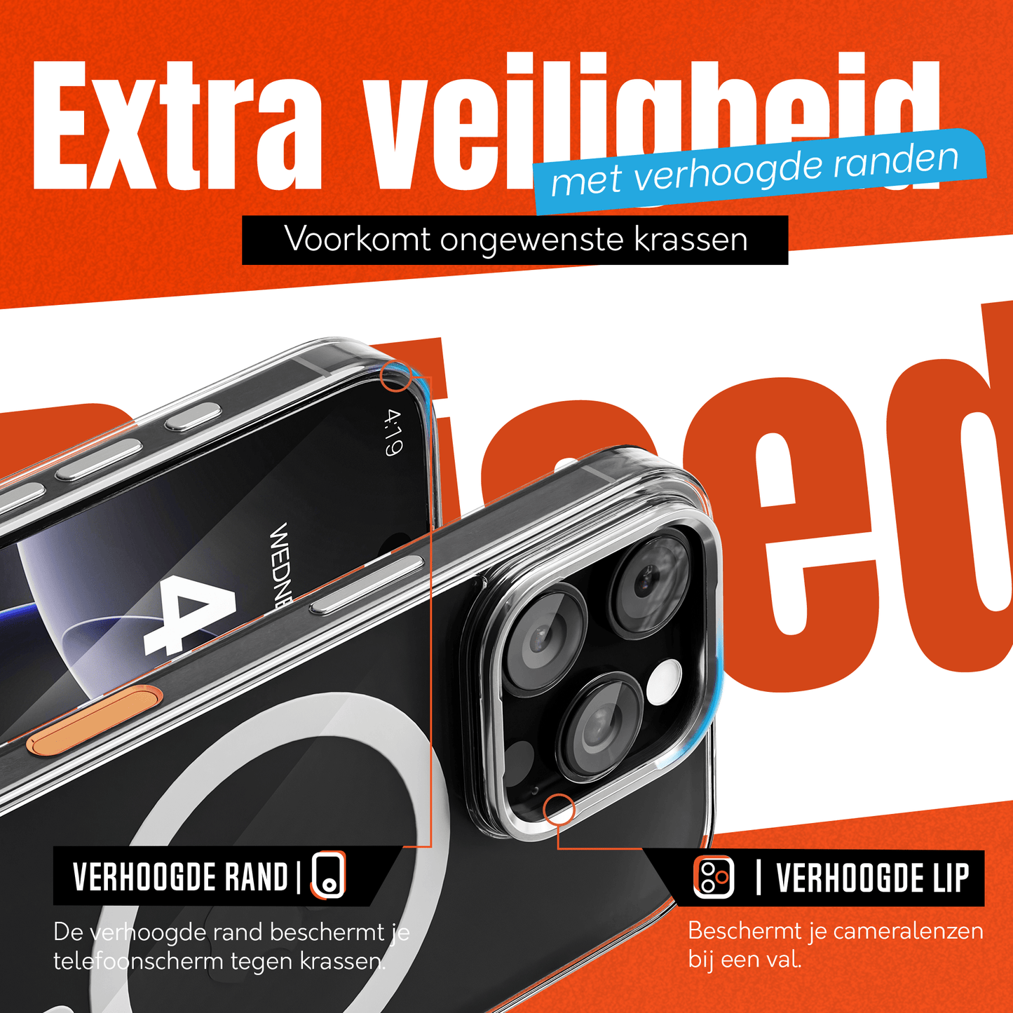 iPhone 16 Pro Max Hoesje – Transparant MagSafe Case met Metalen Stand & Oranje Button - mijnhoesjesiPhone 16 Pro Max Hoesje – Transparant MagSafe Case met Metalen Stand & Oranje Button
