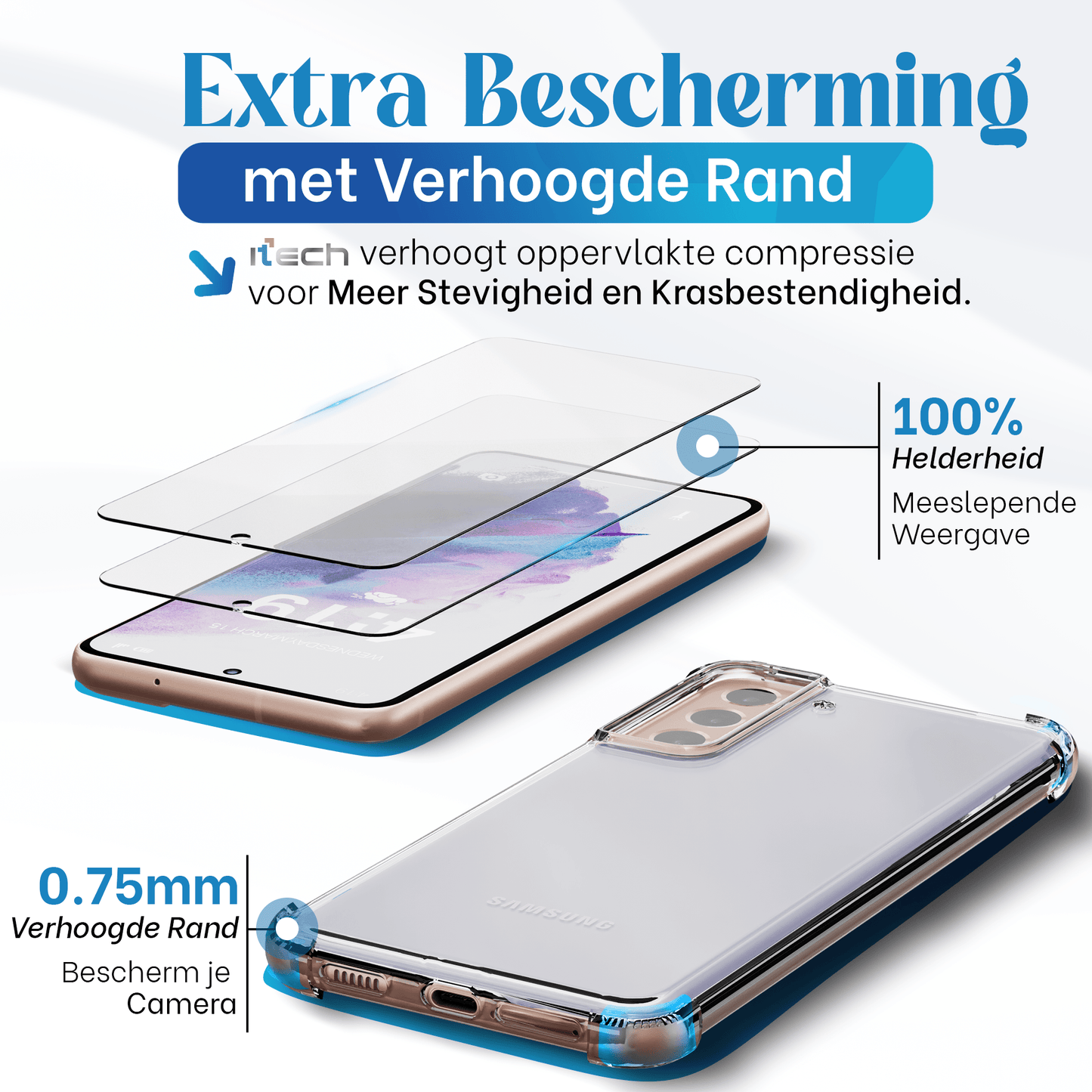 iTech Combo: 2 Screenprotectors & 1 Bumper Hoes voor Samsung Galaxy S21 – 3 - in - 1 Bescherming - mijnhoesjesiTech Combo: 2 Screenprotectors & 1 Bumper Hoes voor Samsung Galaxy S21 – 3 - in - 1 Bescherming
