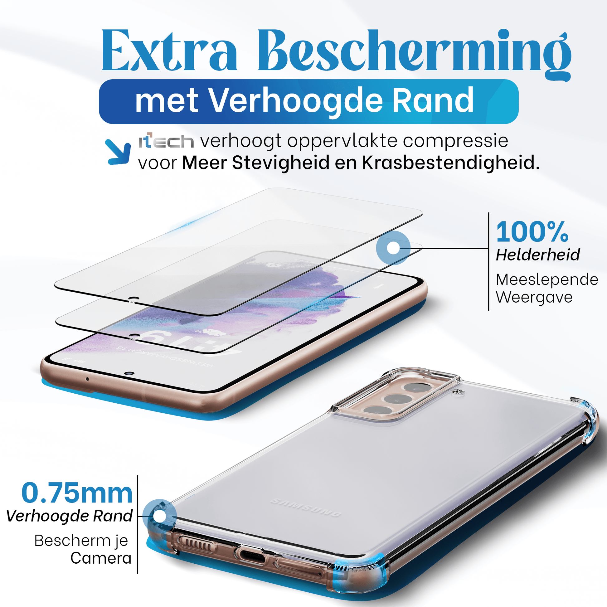 iTech Combo: 2 Screenprotectors & 1 Bumper Hoes voor Samsung Galaxy S21 – 3 - in - 1 Bescherming - mijnhoesjesiTech Combo: 2 Screenprotectors & 1 Bumper Hoes voor Samsung Galaxy S21 – 3 - in - 1 Bescherming
