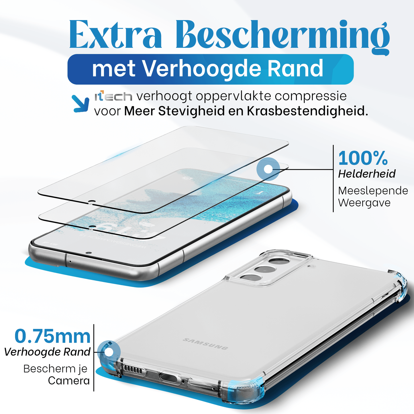 iTech Combo: 2 Screenprotectors & 1 Bumper Hoes voor Samsung Galaxy S22 – 3 - in - 1 Bescherming - mijnhoesjesiTech Combo: 2 Screenprotectors & 1 Bumper Hoes voor Samsung Galaxy S22 – 3 - in - 1 Bescherming