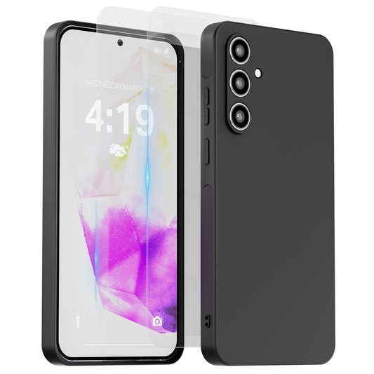 Mycase Combo: Zwarte Siliconen Hoes met 2 Screenprotectors voor Samsung Galaxy A35 – Extra Veiligheid - mijnhoesjesMycase Combo: Zwarte Siliconen Hoes met 2 Screenprotectors voor Samsung Galaxy A35 – Extra Veiligheid