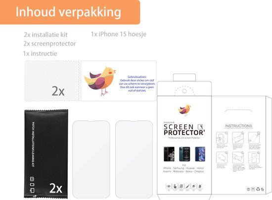 Transparent Anti - Shock Case with 2x Tempered Glass Screen Protectors for iPhone 15 - mijnhoesjesTransparent Anti - Shock Case with 2x Tempered Glass Screen Protectors for iPhone 15